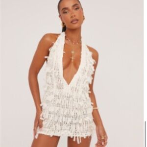 White Fringe Halter Mini Dress